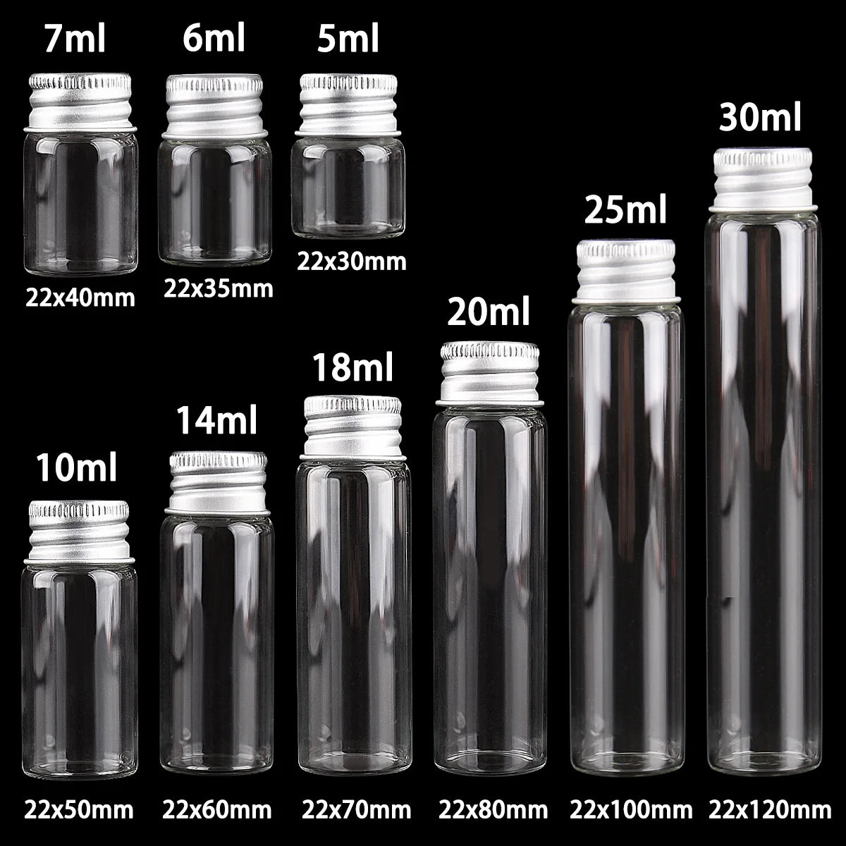 10 pieces 5ml/6ml/7ml/10ml/14ml/18ml/20ml/25ml/30ml Glass Bottles with Aluminium Lids Small Mini Glass Jars 9 Sizes U-pick