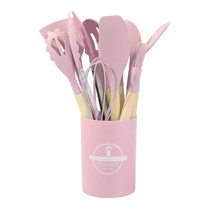 12PCS Silicone Kitchenware Non-Stick Cookware Kitchen Utensils Set Spatula Shovel Egg Beaters Wooden Handle Cooking Tool Set