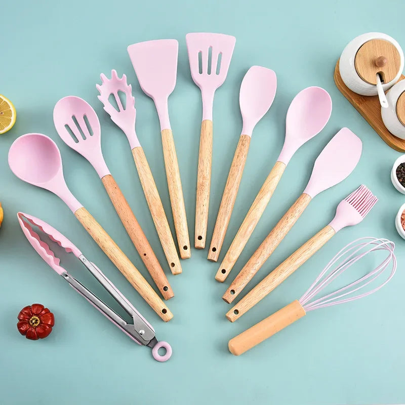 12PCS Silicone Kitchenware Non-Stick Cookware Kitchen Utensils Set Spatula Shovel Egg Beaters Wooden Handle Cooking Tool Set
