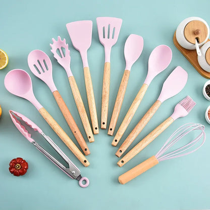12PCS Silicone Kitchenware Non-Stick Cookware Kitchen Utensils Set Spatula Shovel Egg Beaters Wooden Handle Cooking Tool Set