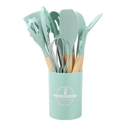 12PCS Silicone Kitchenware Non-Stick Cookware Kitchen Utensils Set Spatula Shovel Egg Beaters Wooden Handle Cooking Tool Set