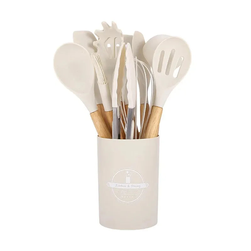 12PCS Silicone Kitchenware Non-Stick Cookware Kitchen Utensils Set Spatula Shovel Egg Beaters Wooden Handle Cooking Tool Set