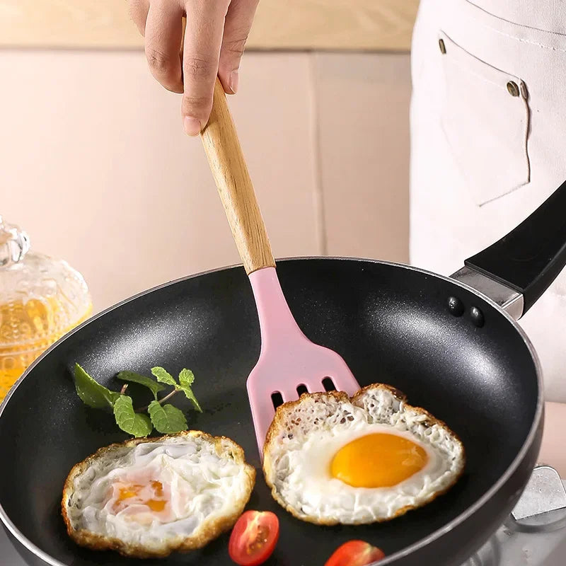 12PCS Silicone Kitchenware Non-Stick Cookware Kitchen Utensils Set Spatula Shovel Egg Beaters Wooden Handle Cooking Tool Set