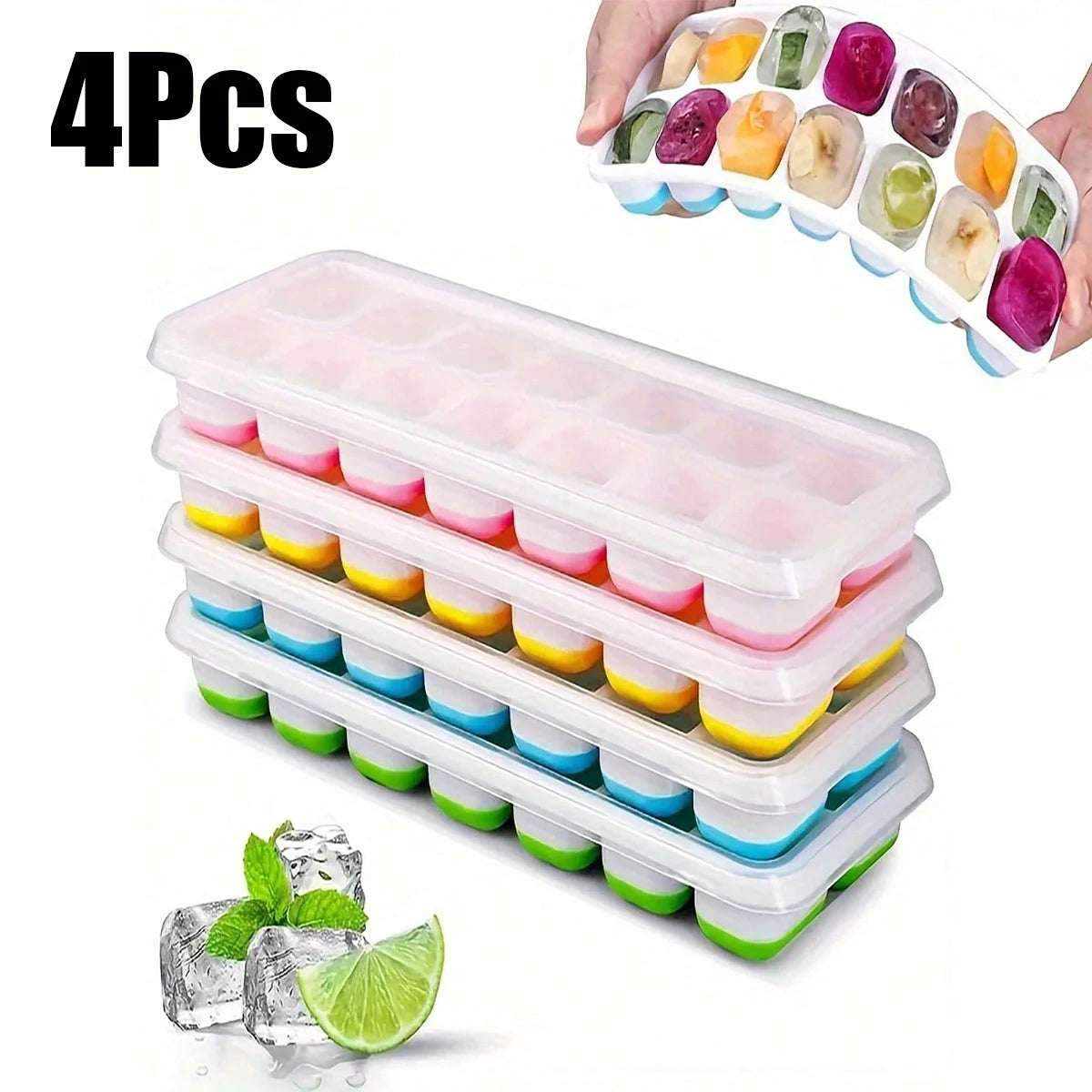4-Pack Random Color Ice Cube Mold Set, with a Tray with 14 Compartments, Multifunctional Chocolate Mold with Removable Lid, Stackable Ice Trays with Lids, Suitable for Freezing, Ideal for Making Cocktail Whiskey, Kitchen Tool