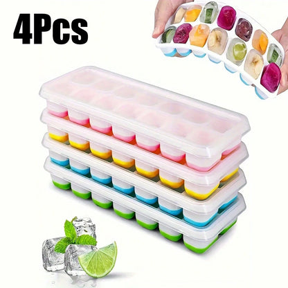 4-Pack Random Color Ice Cube Mold Set, with a Tray with 14 Compartments, Multifunctional Chocolate Mold with Removable Lid, Stackable Ice Trays with Lids, Suitable for Freezing, Ideal for Making Cocktail Whiskey, Kitchen Tool