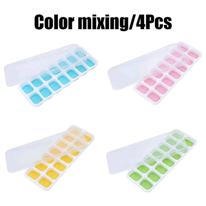 4-Pack Random Color Ice Cube Mold Set, with a Tray with 14 Compartments, Multifunctional Chocolate Mold with Removable Lid, Stackable Ice Trays with Lids, Suitable for Freezing, Ideal for Making Cocktail Whiskey, Kitchen Tool